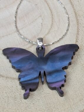 Blue Lavender Butterfly Necklace Reversible Pendant Silver Chain 16.5” + 2 "